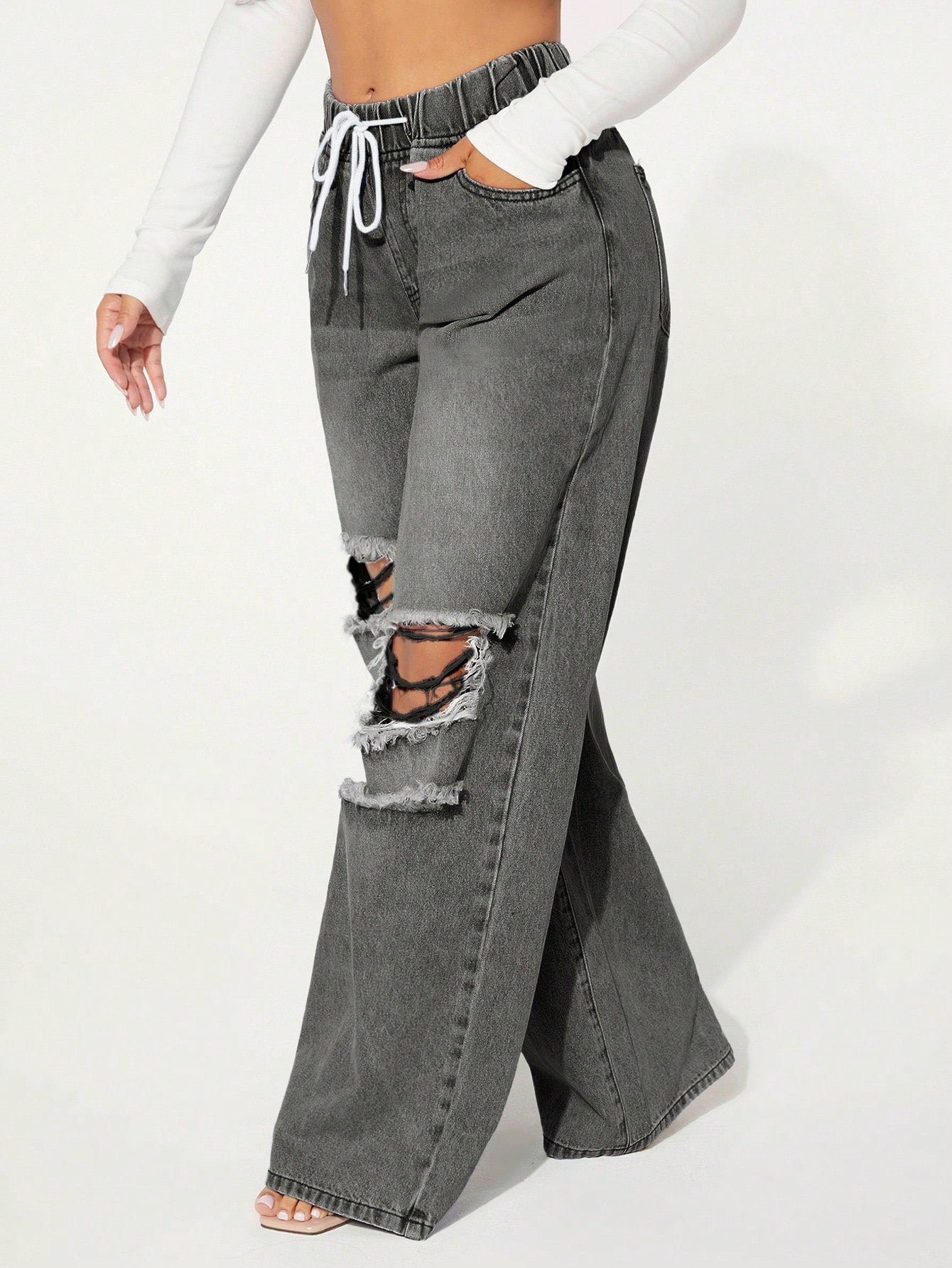 SXY Drawstring Waist Cut Out Ripped Wide Leg Jeans