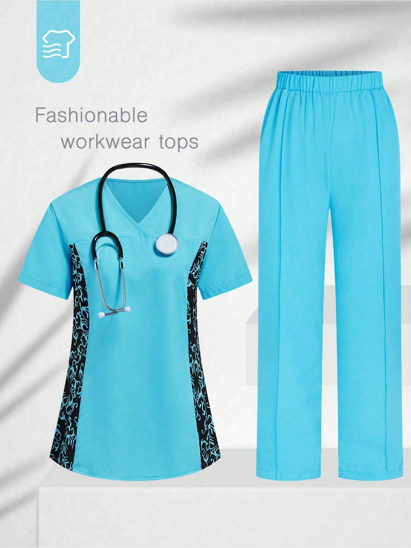 TaskFit SHEIN TaskFit Women's Uniform Contrast Short Sleeve Double Pocket Top And Fashion Casual Solid Double Pocket Pants, Women's V-Neck Scrub Top, Simple Casual Sport Cleaner Uniform