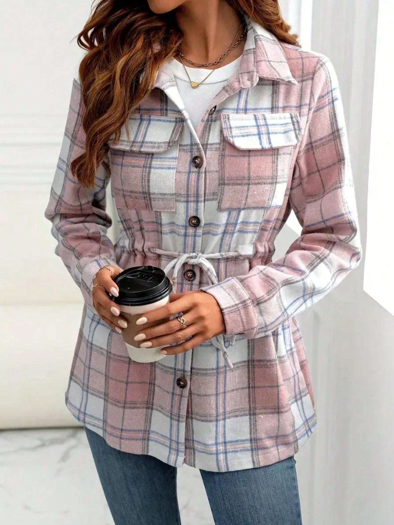 Women's Casual Vintage Plaid Front Button Down Loose Blouse, Autumn,Long Sleeve Tops