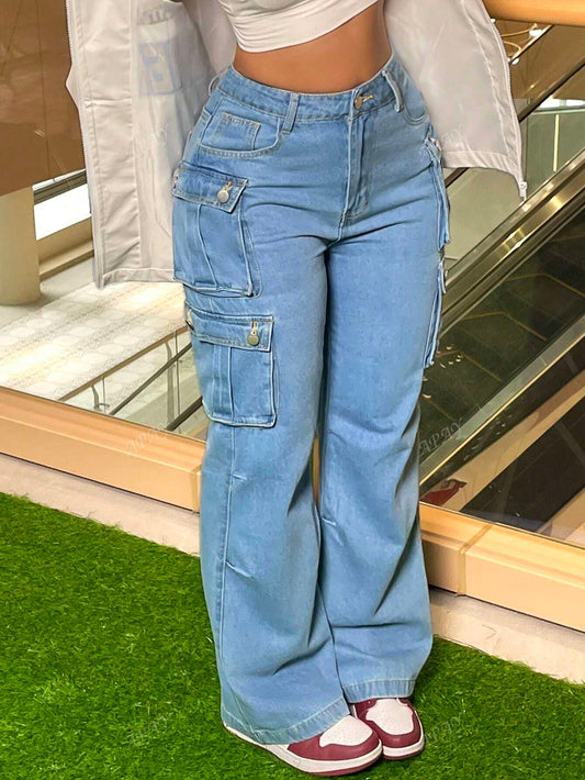Stylish Vintage Chic Y2K Cargo Pants - High-Waisted, Wide-Leg, Pocketed, Comfortable, Casual, Street-Stylish Denim Trousers For The Curvaceous Woman