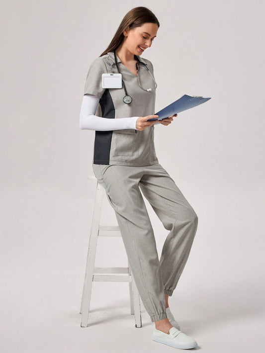 TaskFit V-Neck Long Sleeve Top 2 Pockets Casual Women's T-Shirt Uniform Shirt And Pants For Women, Health Check Surgical Uniform Scrub Sets For Women Solid Color Pet Grooming Work Uniform Scrub Set Nutritionist Work Clothes Short Sleeve Lab Work Clothes