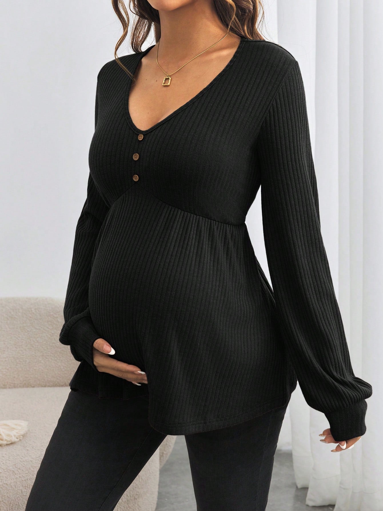 Maternity Button Down V-Neck Loose Long Sleeve T-Shirt