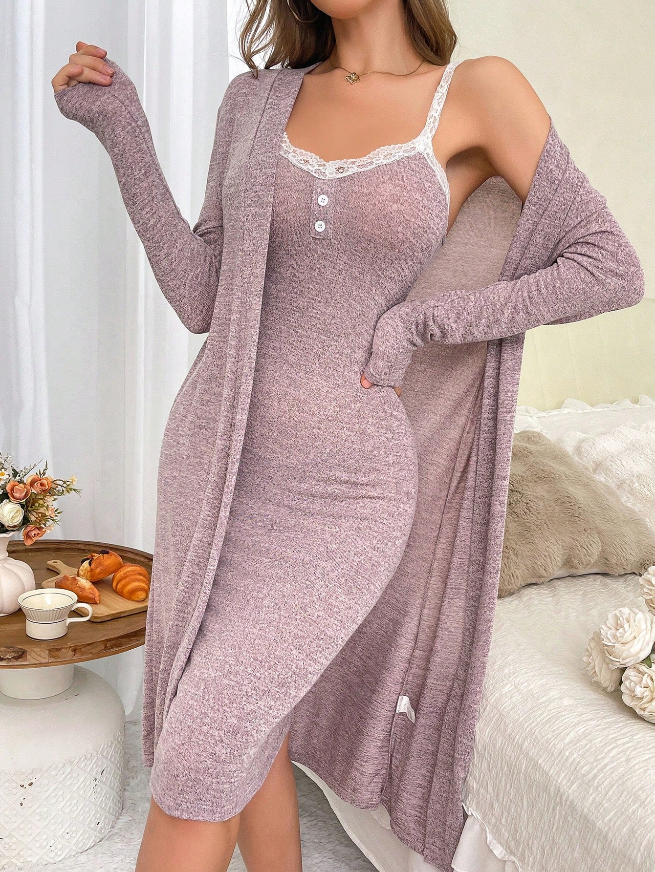 Women Lace Splice Fit Camisole & Cardigan Pajama Set