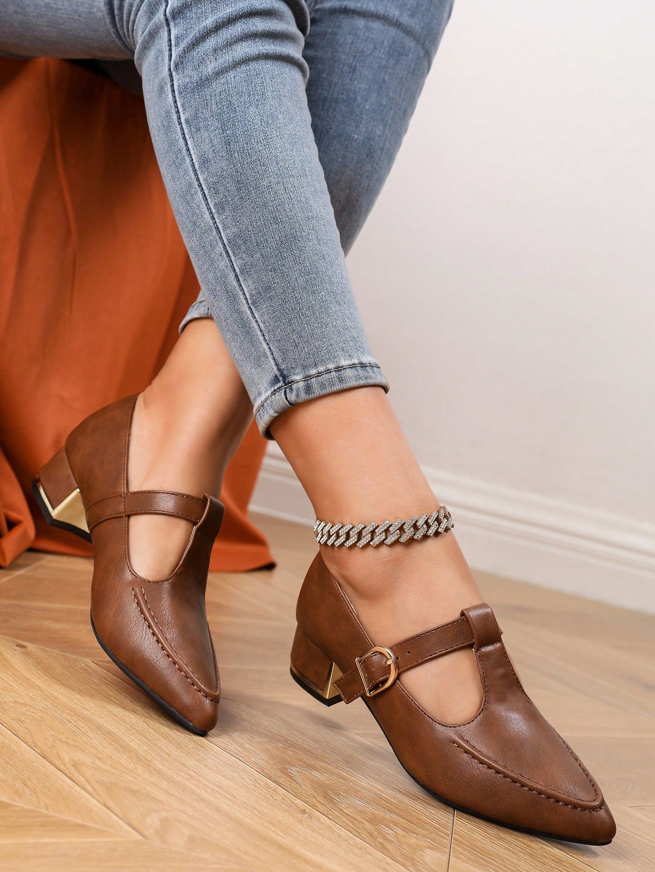 Pointed Toe Metal Thick Heel Fashion Mary Jane Loafers Women Shoes For Work, T-Strap Wingtip College Style Flats