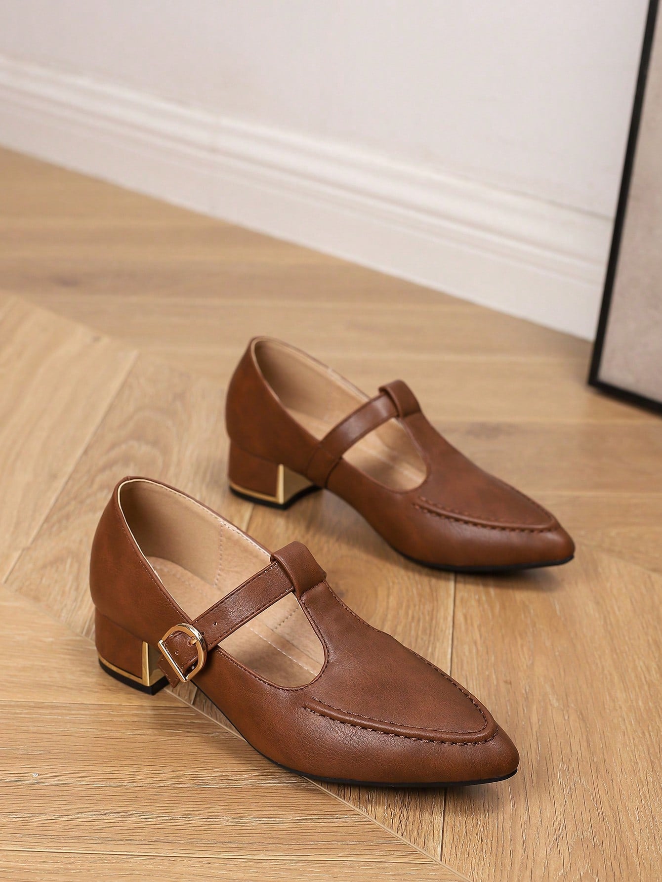 Pointed Toe Metal Thick Heel Fashion Mary Jane Loafers Women Shoes For Work, T-Strap Wingtip College Style Flats