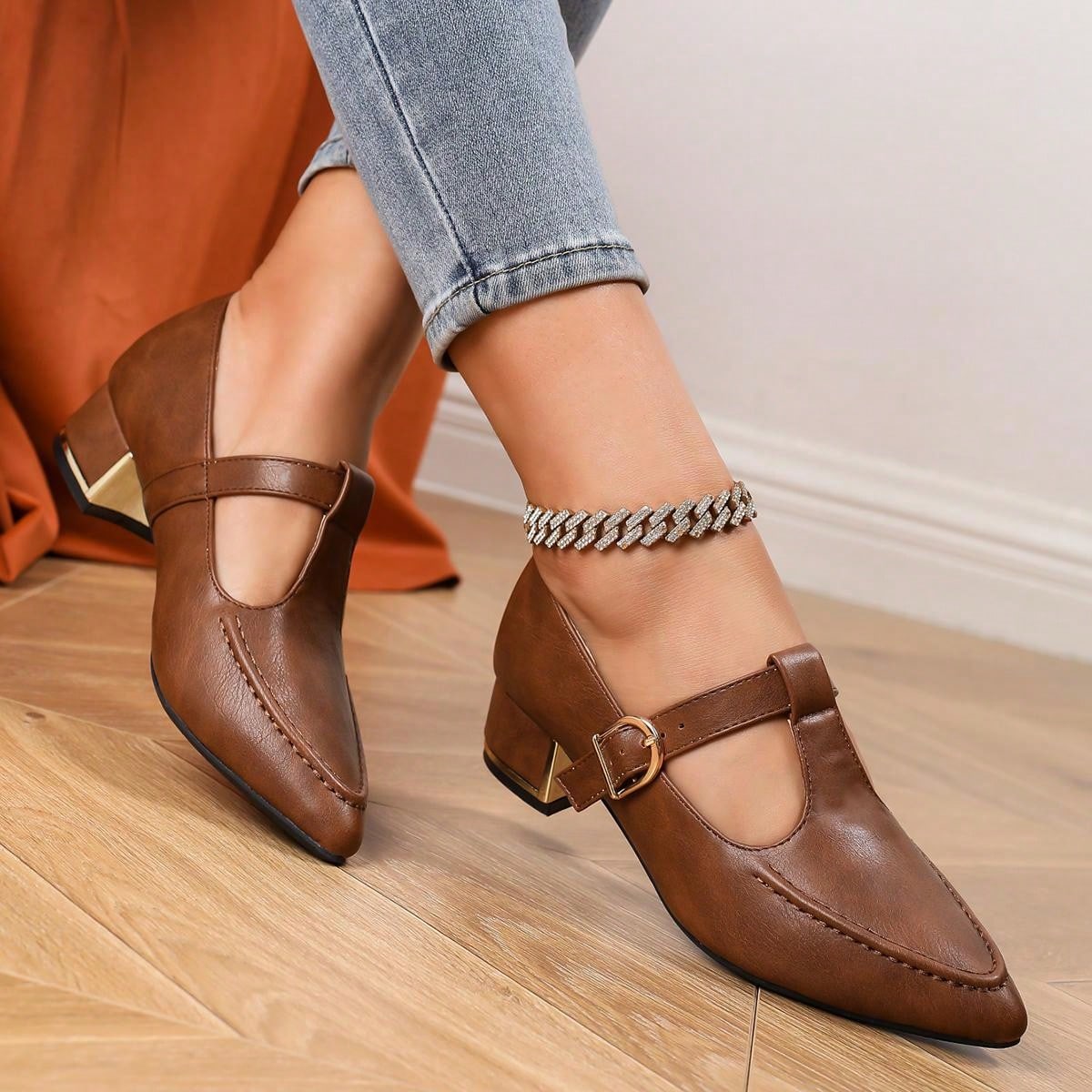 Pointed Toe Metal Thick Heel Fashion Mary Jane Loafers Women Shoes For Work, T-Strap Wingtip College Style Flats