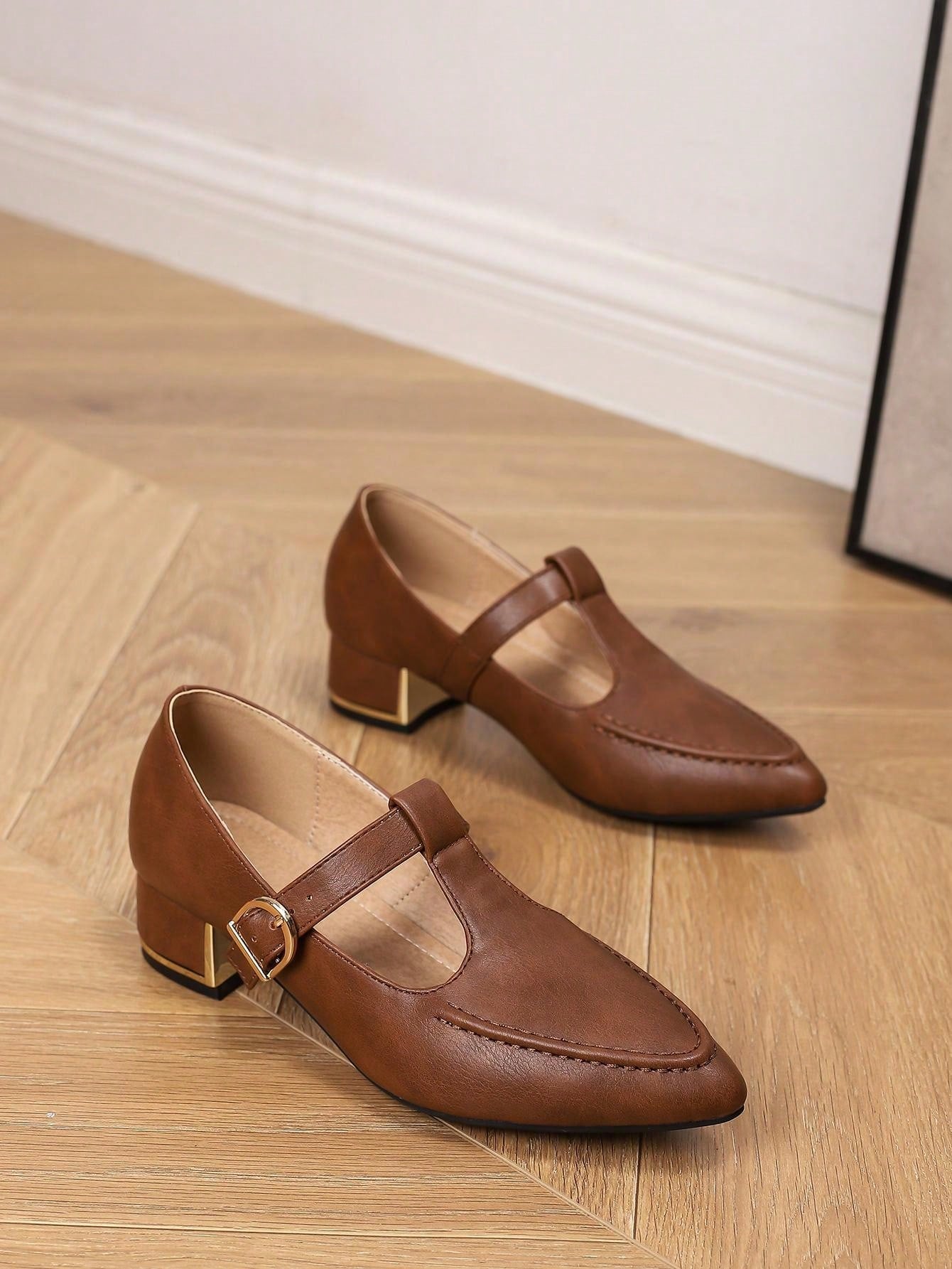 Pointed Toe Metal Thick Heel Fashion Mary Jane Loafers Women Shoes For Work, T-Strap Wingtip College Style Flats