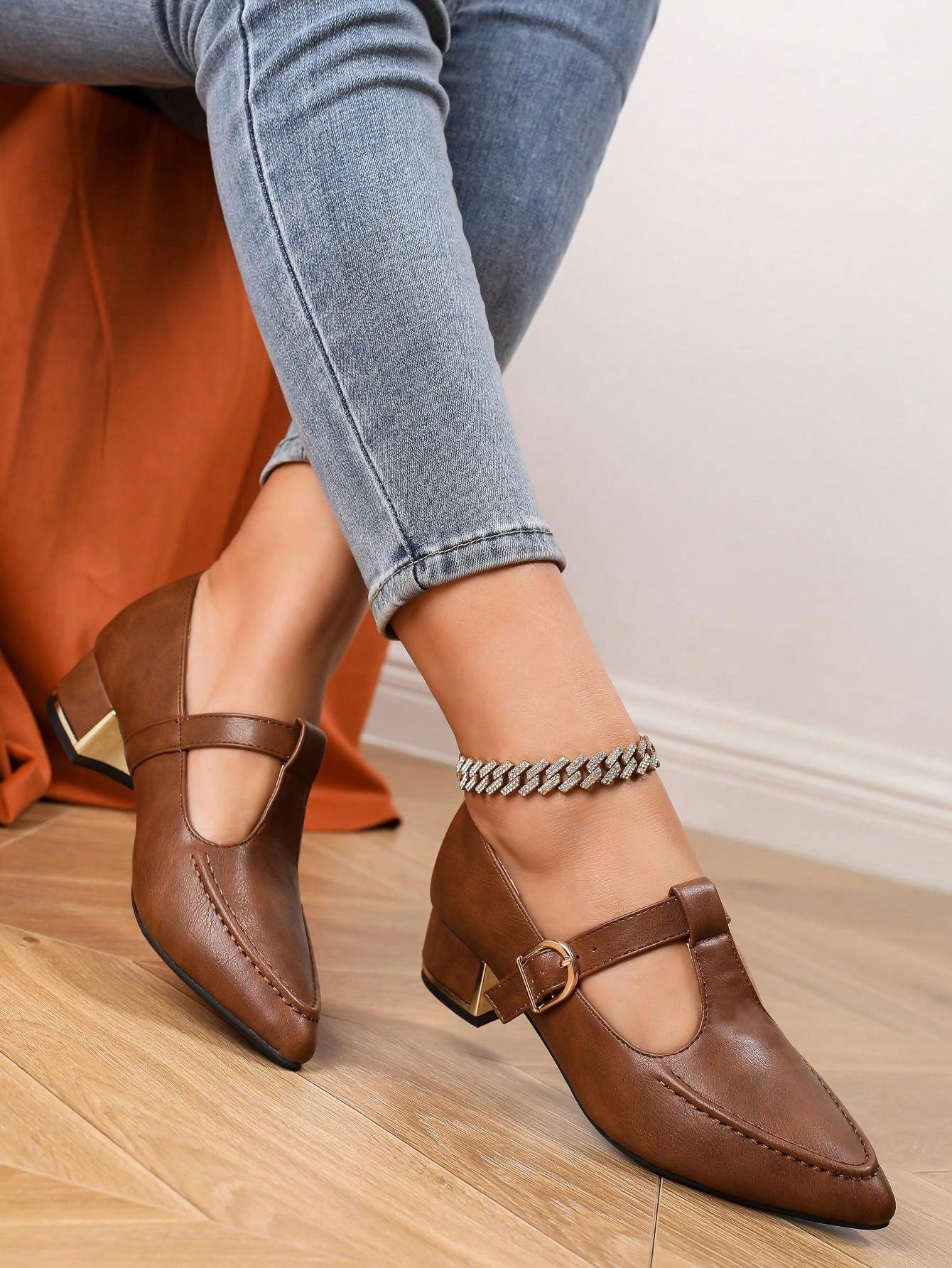 Pointed Toe Metal Thick Heel Fashion Mary Jane Loafers Women Shoes For Work, T-Strap Wingtip College Style Flats