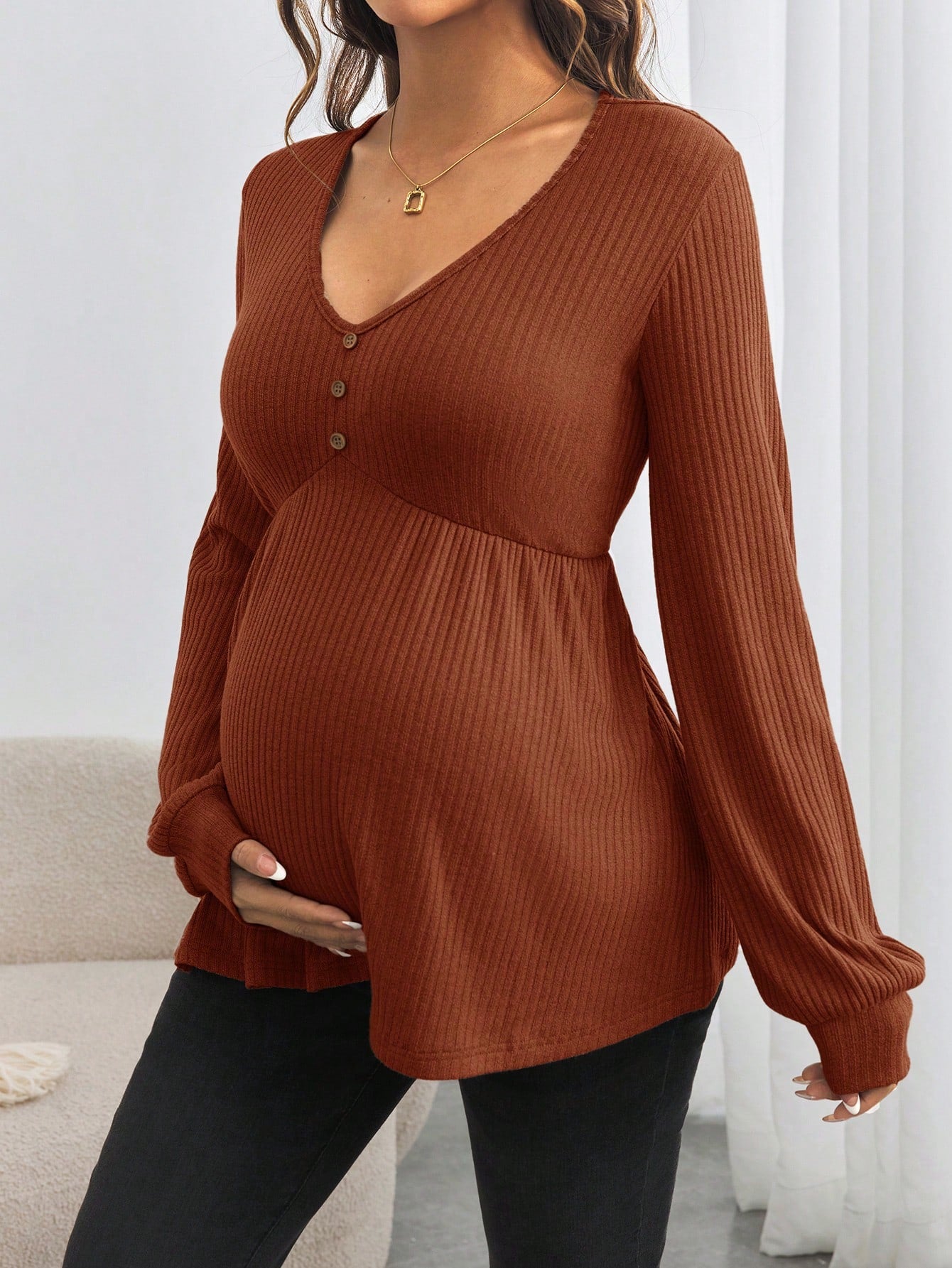 Maternity Button Down V-Neck Loose Long Sleeve T-Shirt