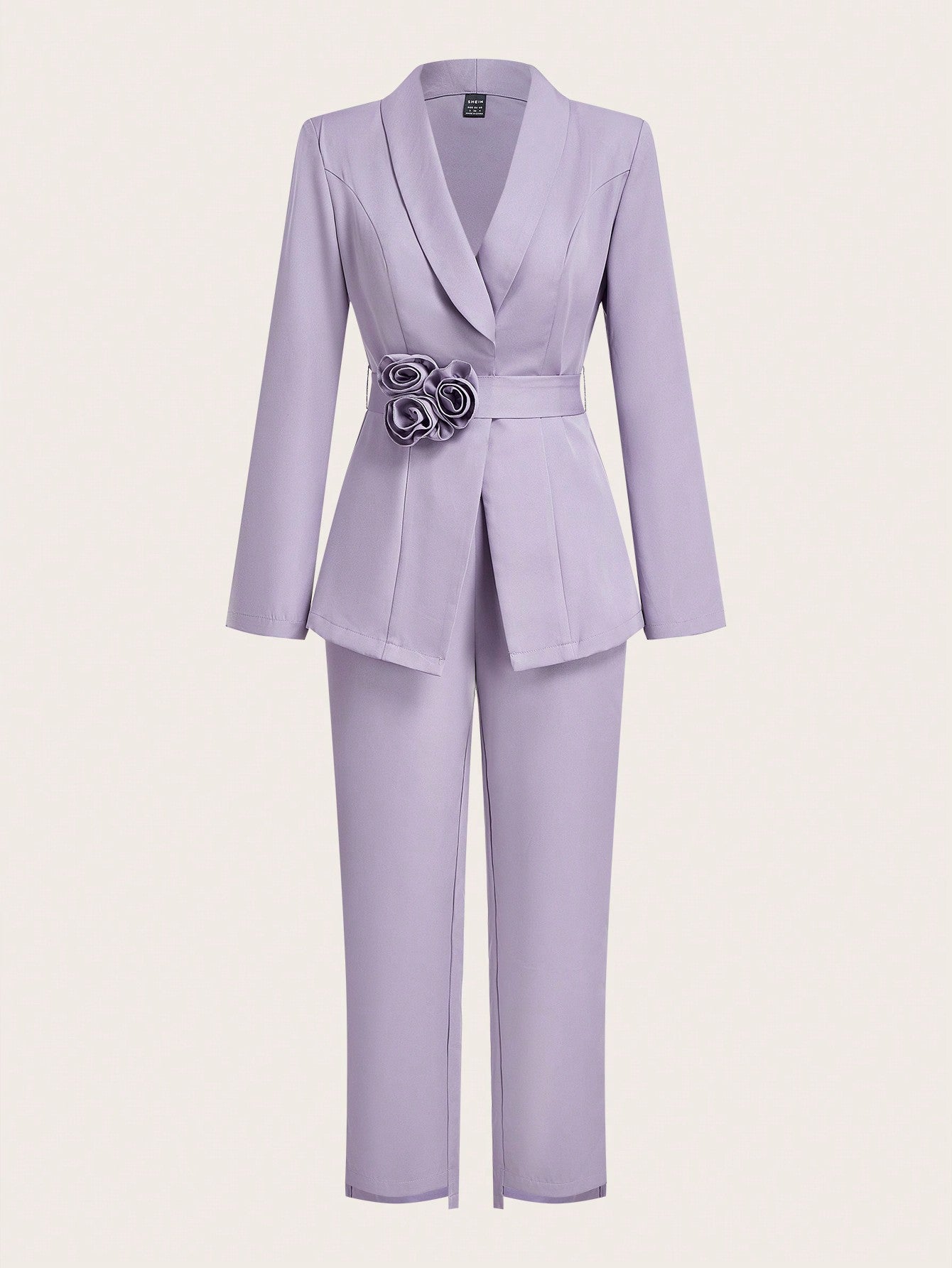 Modely Women Floral Applique Waistbelt Long Sleeve Jacket And Pant Elegant Suit Set