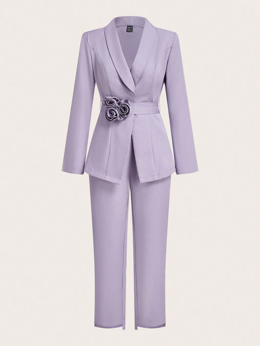 Modely Women Floral Applique Waistbelt Long Sleeve Jacket And Pant Elegant Suit Set