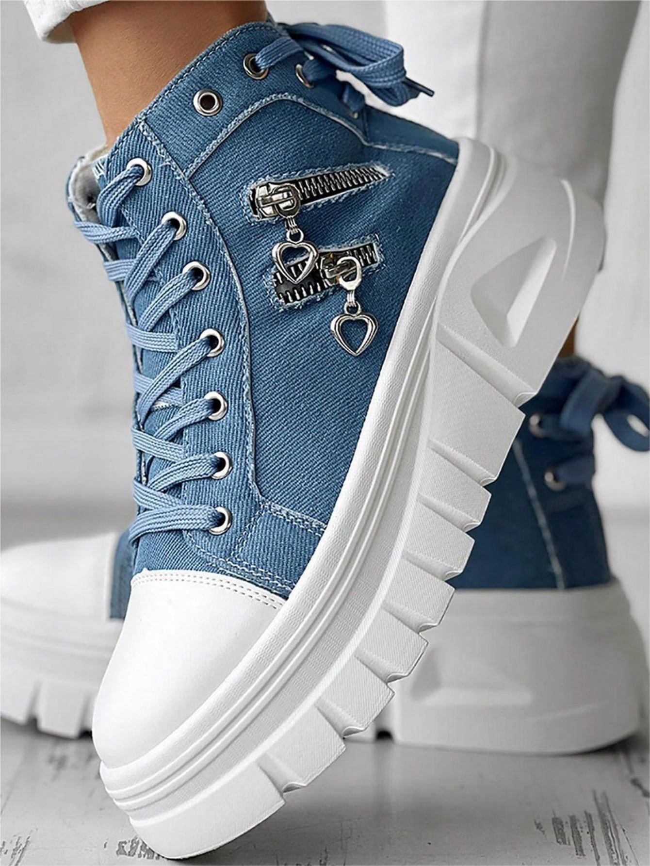 Women's Camouflage Pattern Thick Sole Casual Sports Sneakers, Fall Back-To-School Zipper Lace-Up Round Toe Skate Shoes, Serrated Comfortable Soles Large Women Shoes