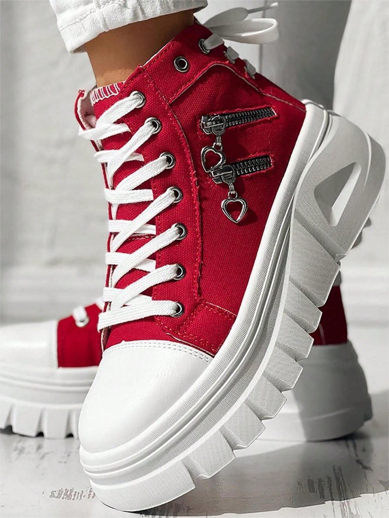 Women's Camouflage Pattern Thick Sole Casual Sports Sneakers, Fall Back-To-School Zipper Lace-Up Round Toe Skate Shoes, Serrated Comfortable Soles Large Women Shoes