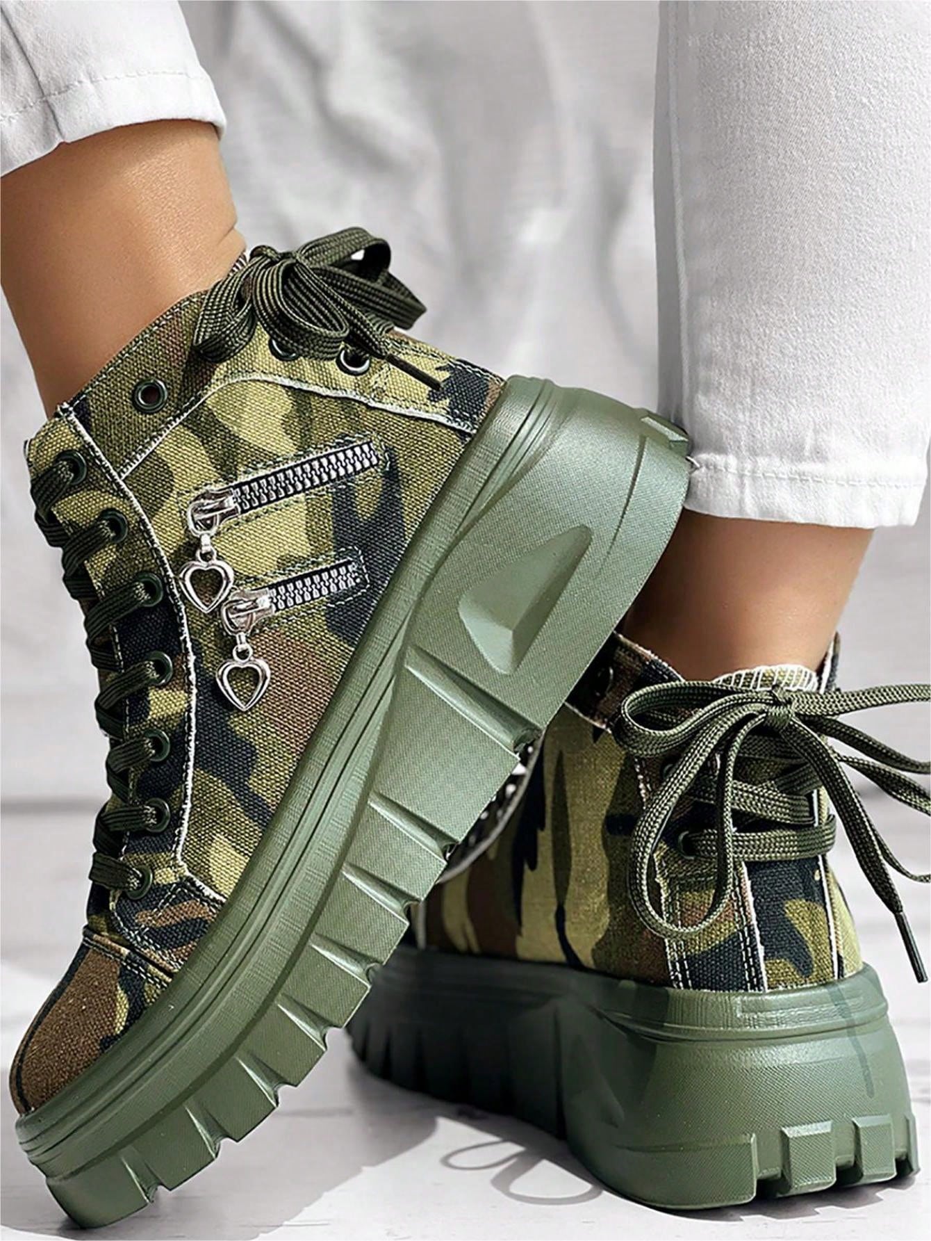 Women's Camouflage Pattern Thick Sole Casual Sports Sneakers, Fall Back-To-School Zipper Lace-Up Round Toe Skate Shoes, Serrated Comfortable Soles Large Women Shoes