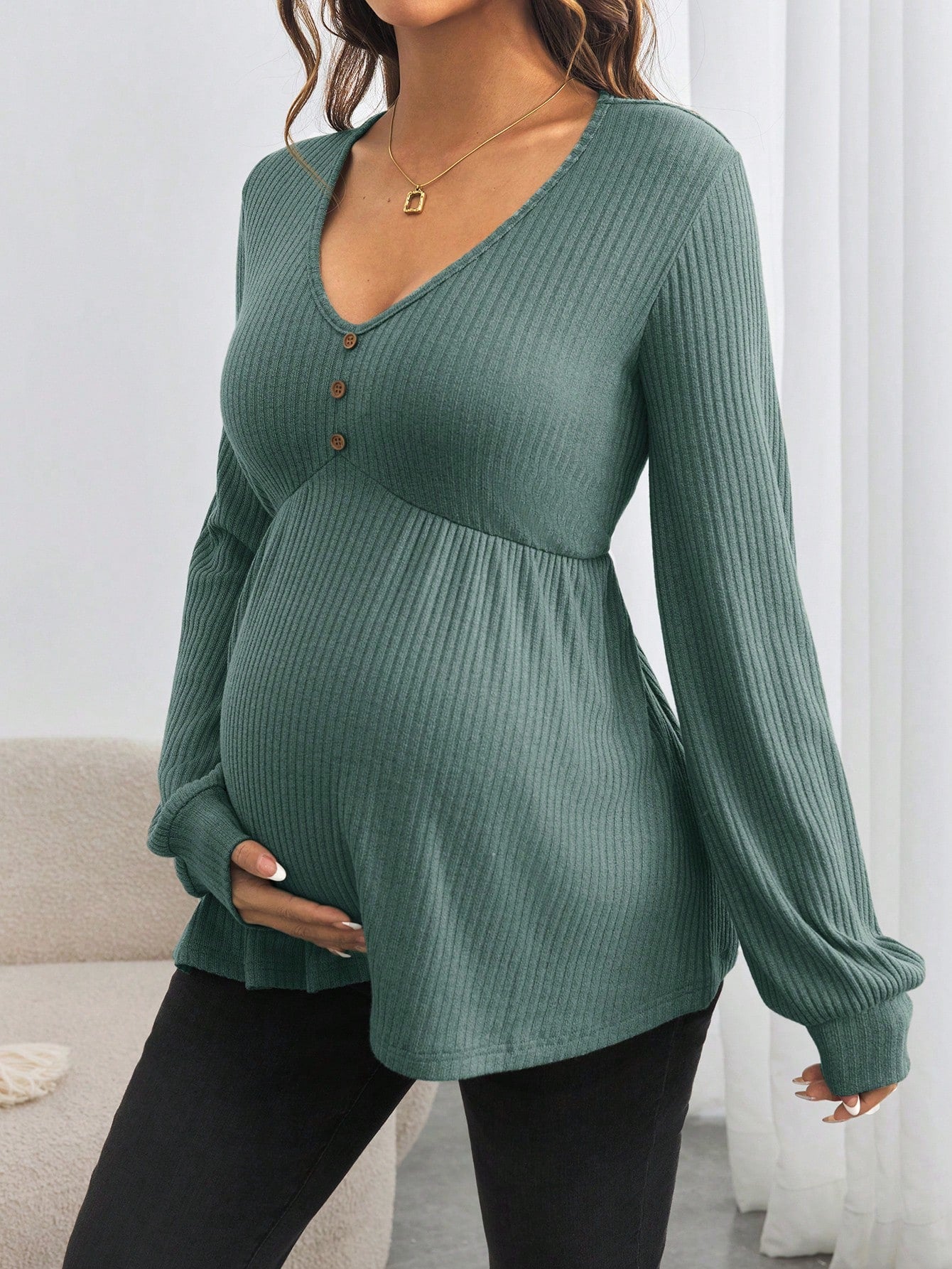 Maternity Button Down V-Neck Loose Long Sleeve T-Shirt