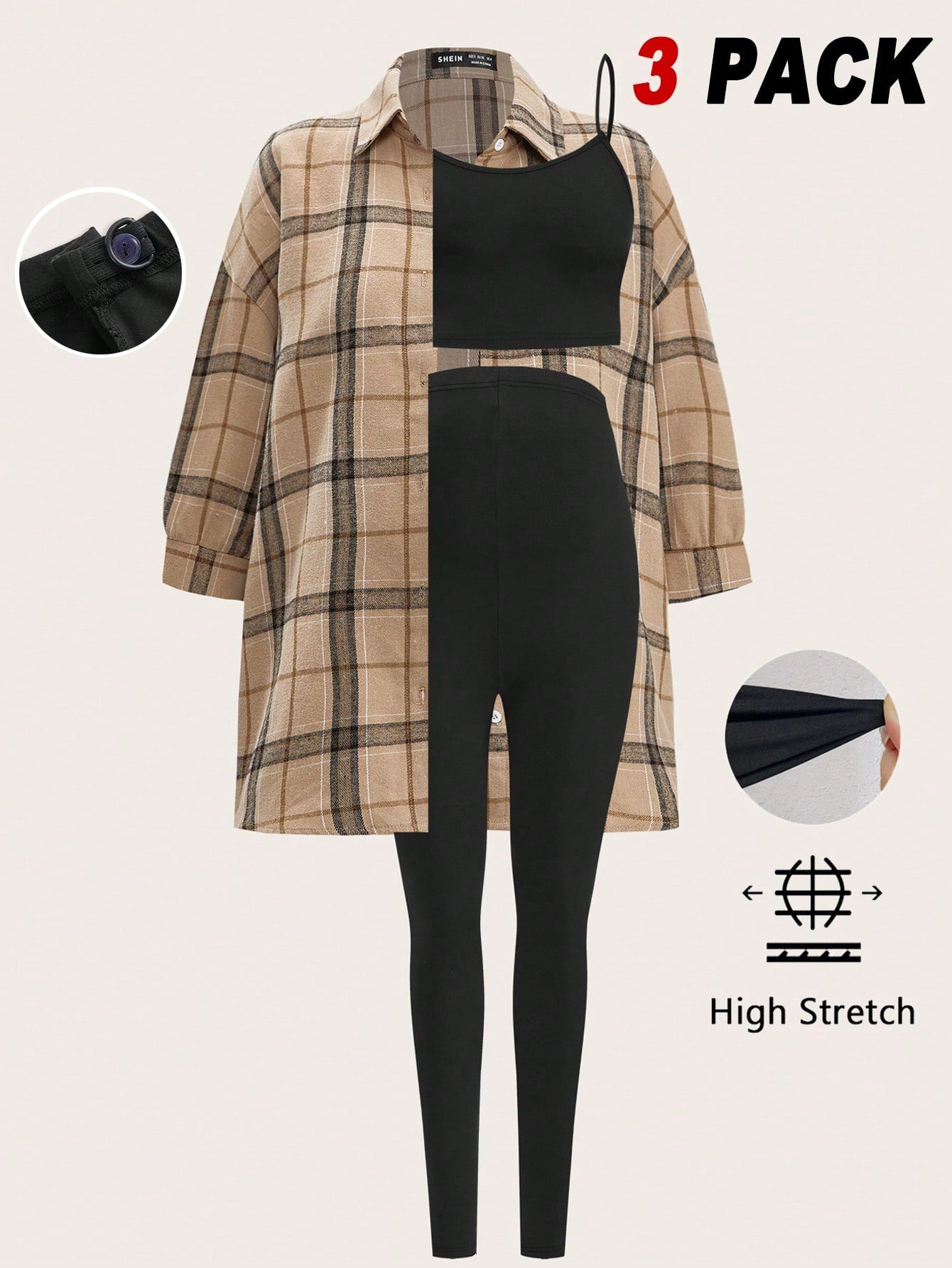 Modmama Maternity Women's Casual Light Sports Summer Outfit, Plaid Shirt 3pcs/Set