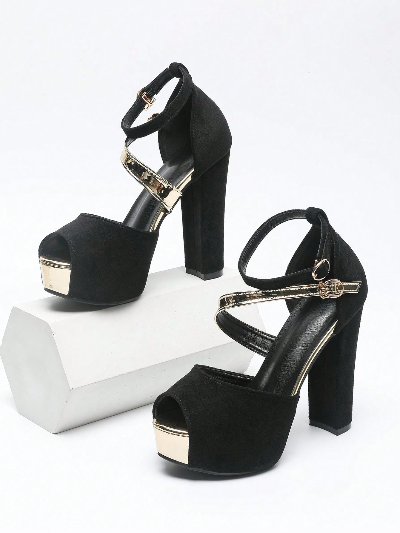 Women's Fashion High Heel Sandals With Metal Buckle Design, Black Lace-Up, Elegant Sexy Party Wear, Plus Size, Round Toe Platform, Suitable For Spring, Summer & Autumn