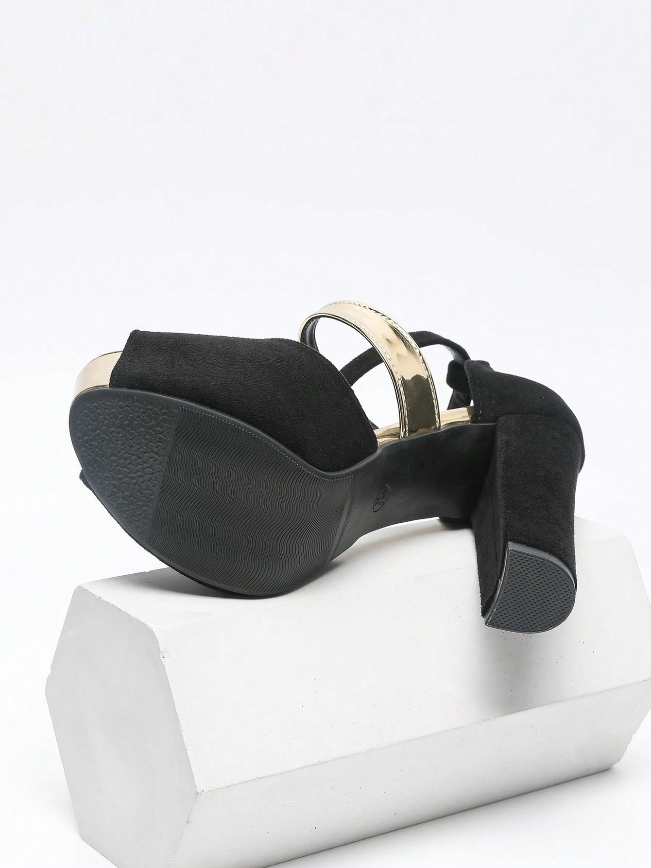 Women's Fashion High Heel Sandals With Metal Buckle Design, Black Lace-Up, Elegant Sexy Party Wear, Plus Size, Round Toe Platform, Suitable For Spring, Summer & Autumn