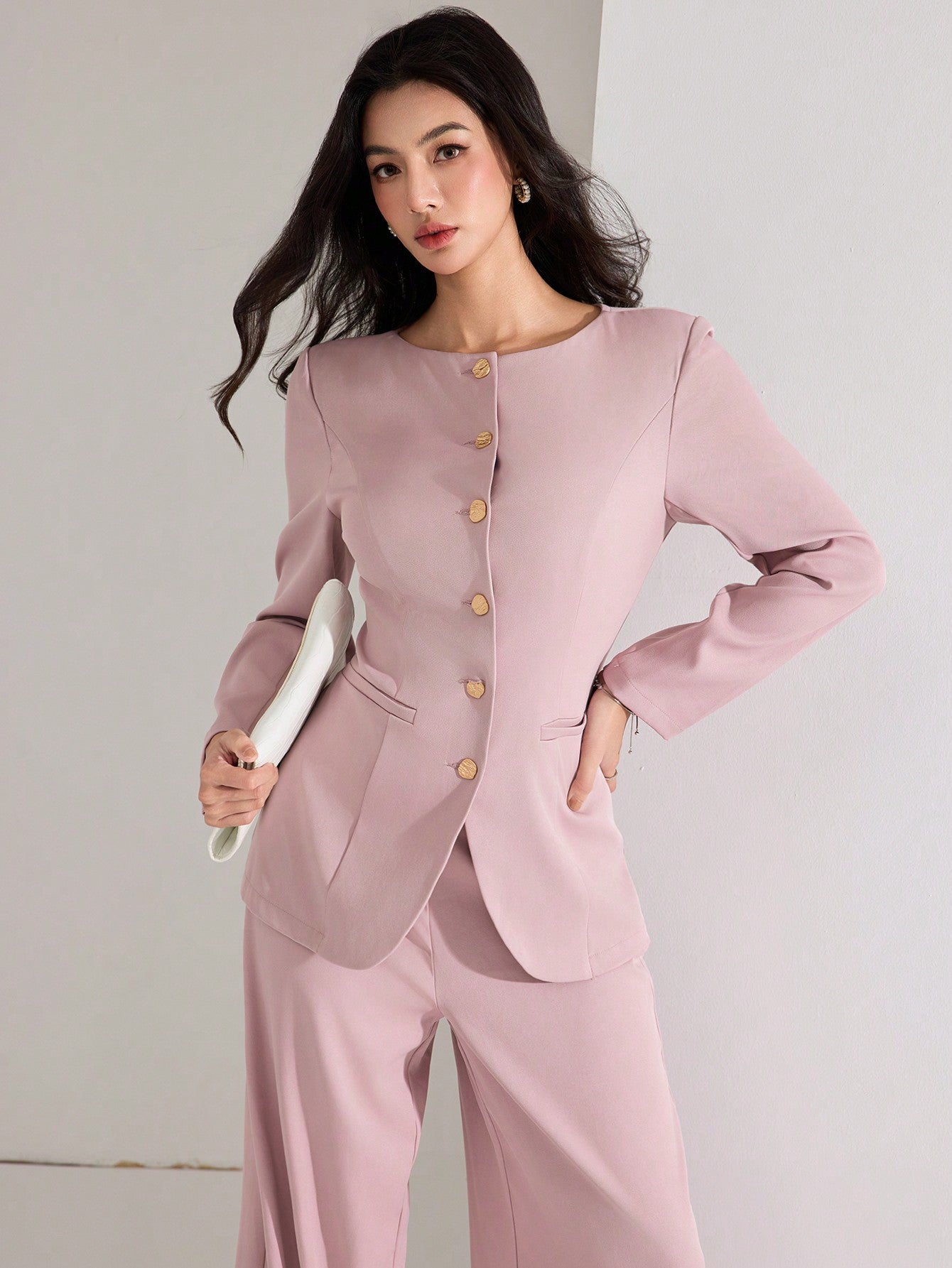 Heiryn Women's Elegant Solid Color Fitted Jacket And Pants Suit Set, Chocolate Brown Modern Suiting