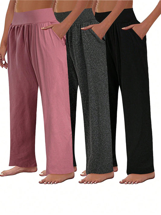 3pcs Plus Size Women Set, Knitted Wide Leg Pants In Pink, Gray & Black, Casual Outfits With Pockets, Autumn/Winter