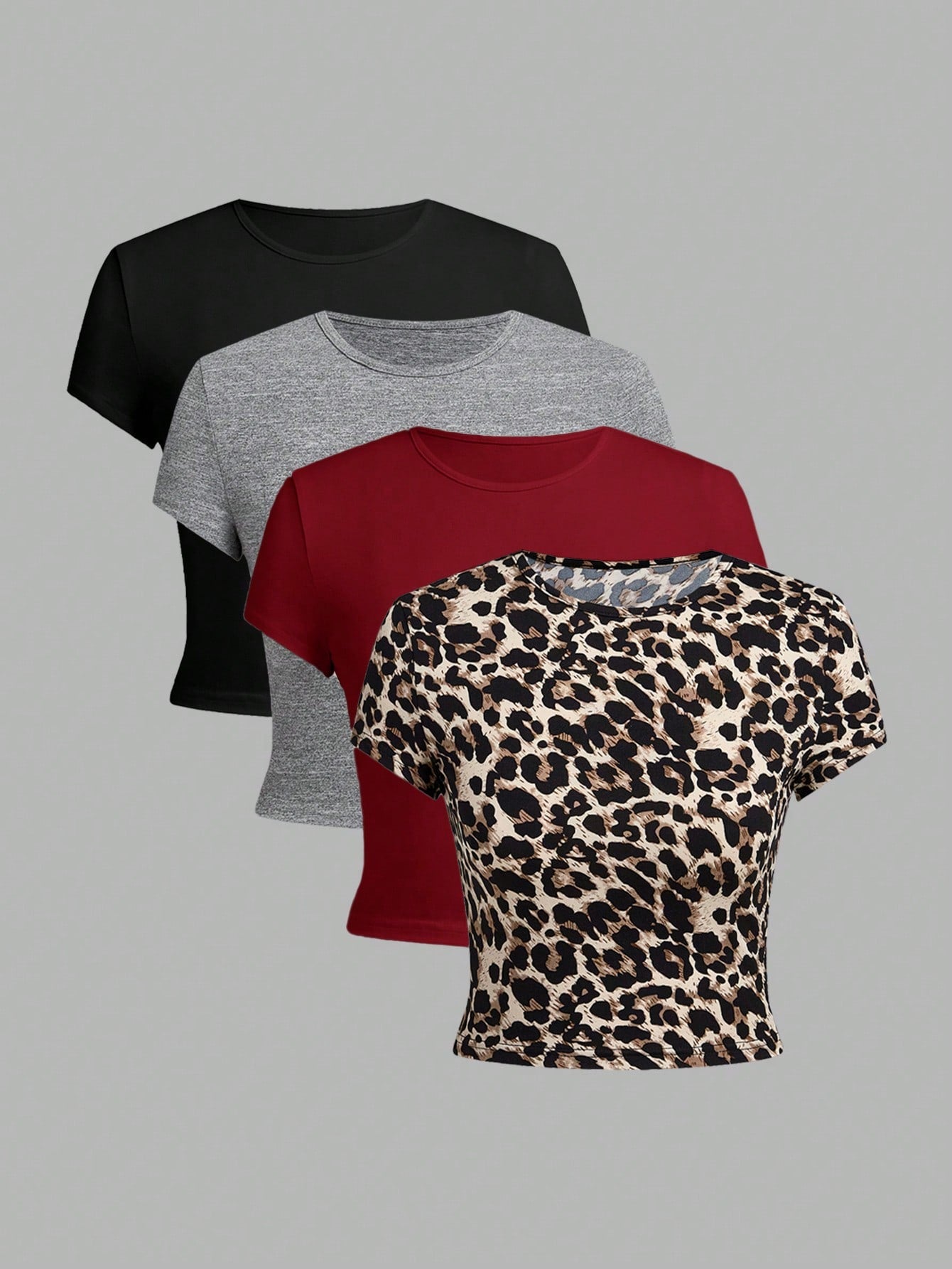 EZwear 4pcs/Pack Women Solid Color   Leopard Print Round Neck Short Sleeve T-Shirt