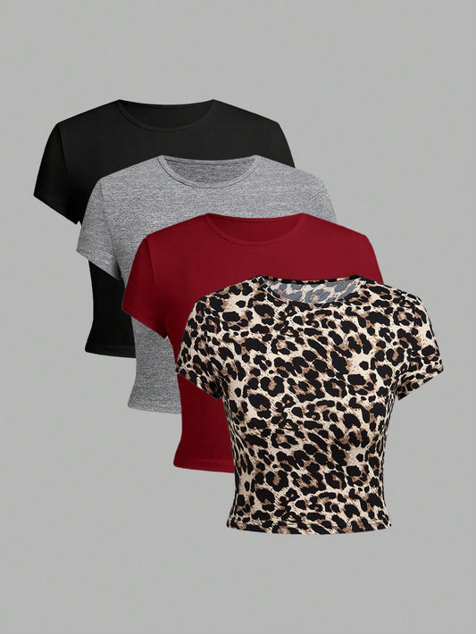EZwear 4pcs/Pack Women Solid Color   Leopard Print Round Neck Short Sleeve T-Shirt