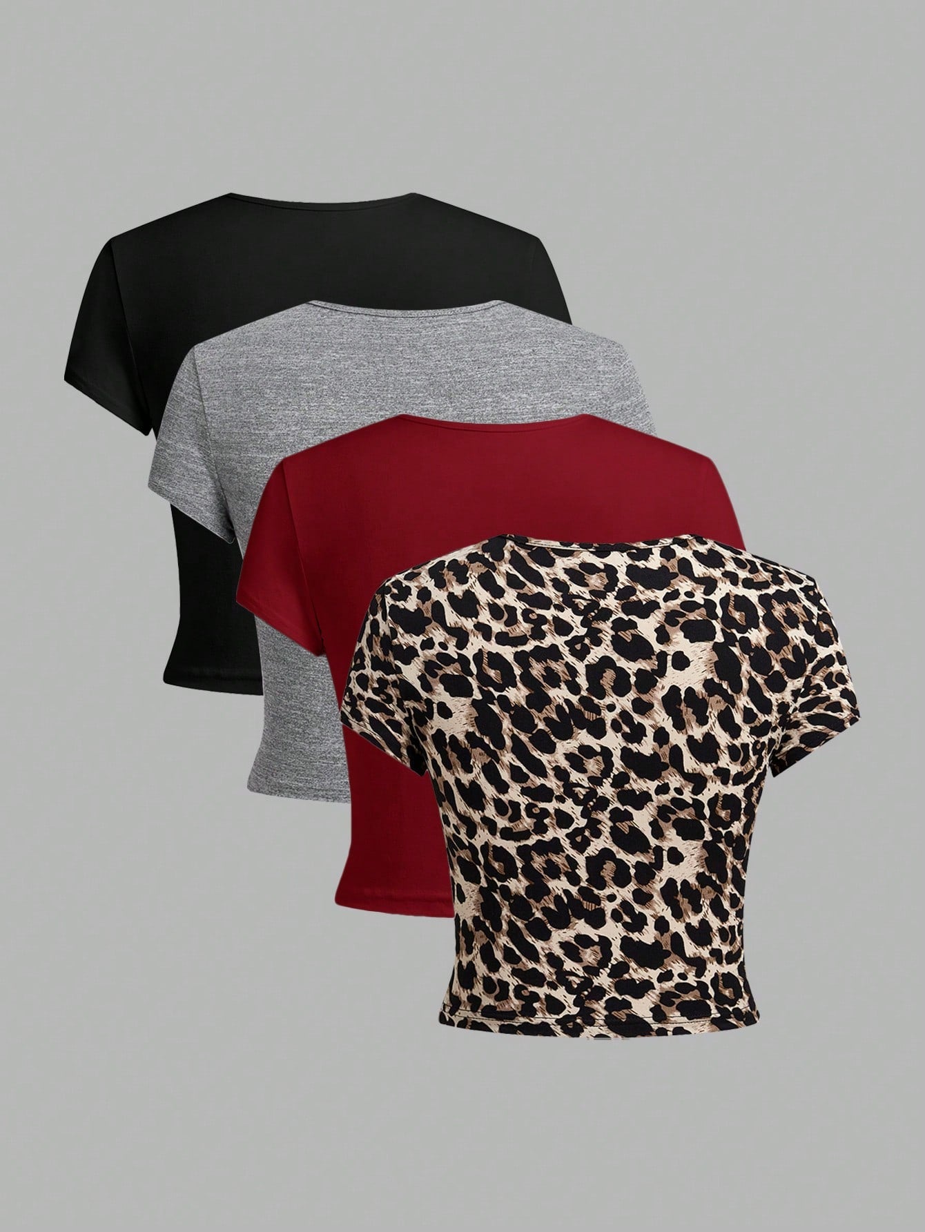 EZwear 4pcs/Pack Women Solid Color   Leopard Print Round Neck Short Sleeve T-Shirt
