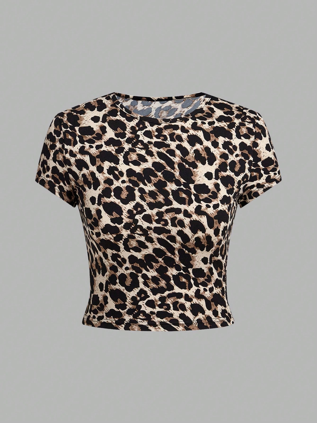 EZwear 4pcs/Pack Women Solid Color   Leopard Print Round Neck Short Sleeve T-Shirt