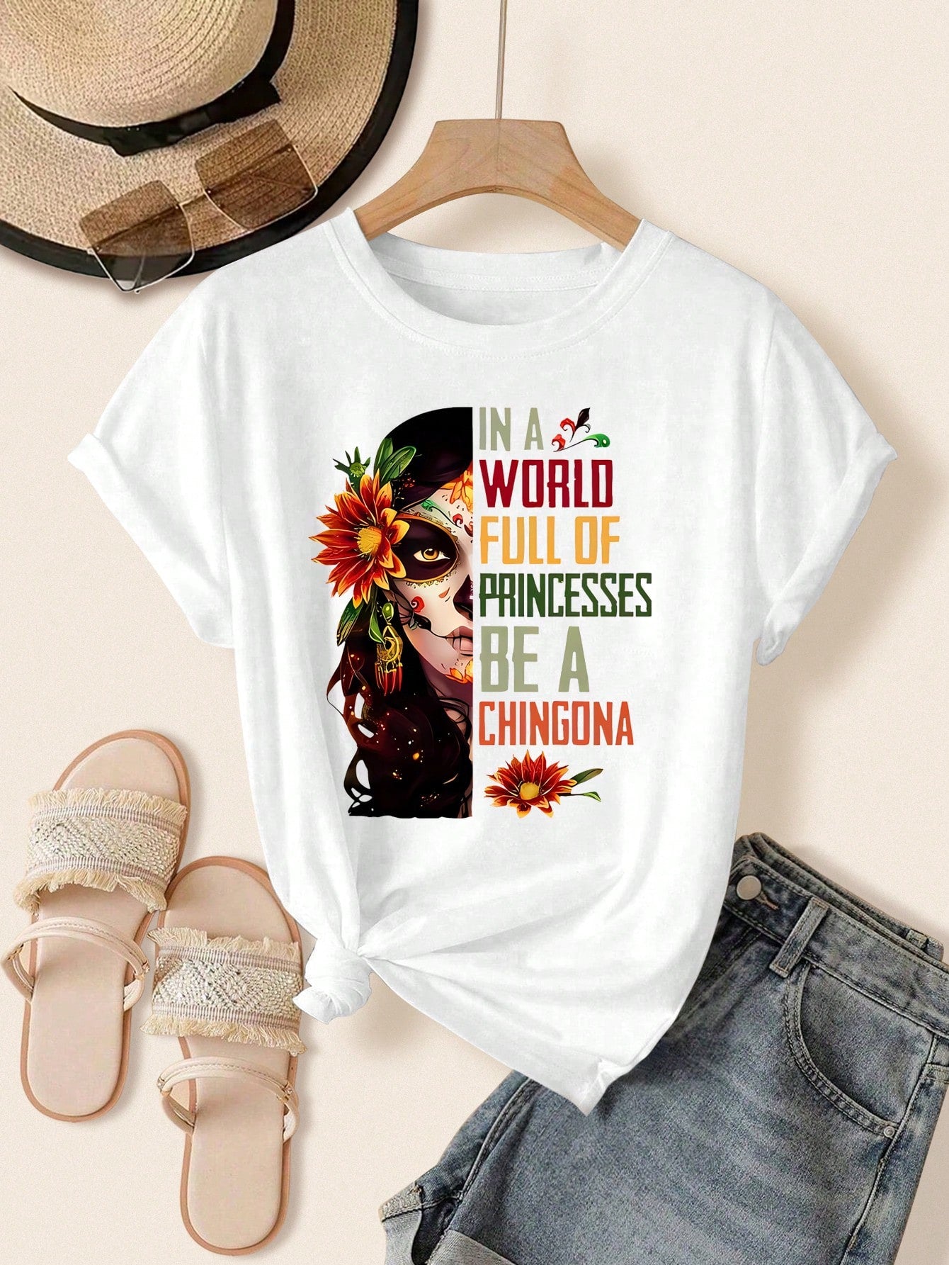 INAWLY Women's Casual Loose Fit Skull Print Round Neck Drop Shoulder Sleeve T-Shirt, Summer Tee, Halloween Clothes Graphic Tees Women Tops