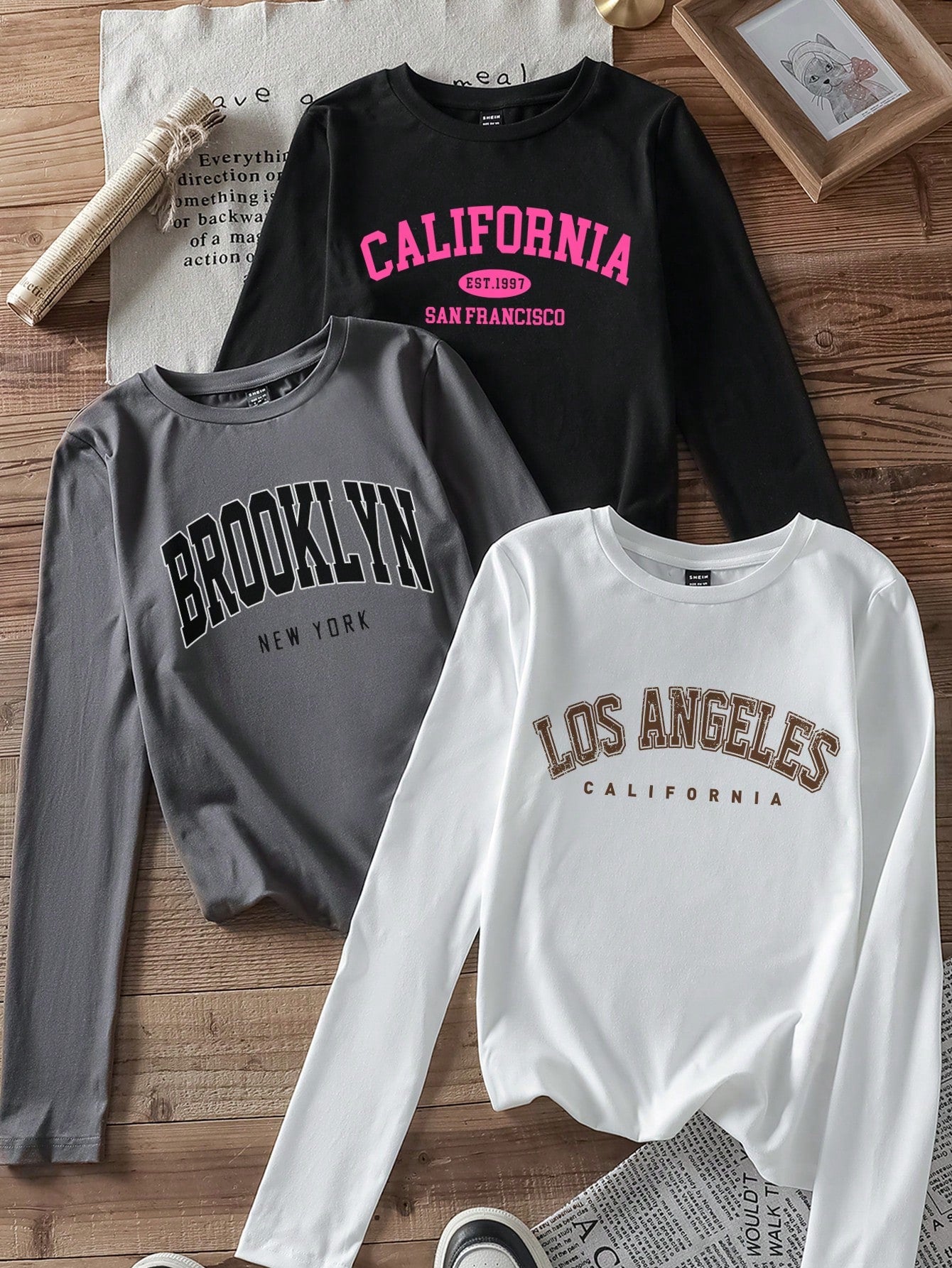 EZwear 3pcs Set Women Casual Letter Print Round Neck Slim Fit Long Sleeve T-Shirt Outfit, Suitable For Autumn