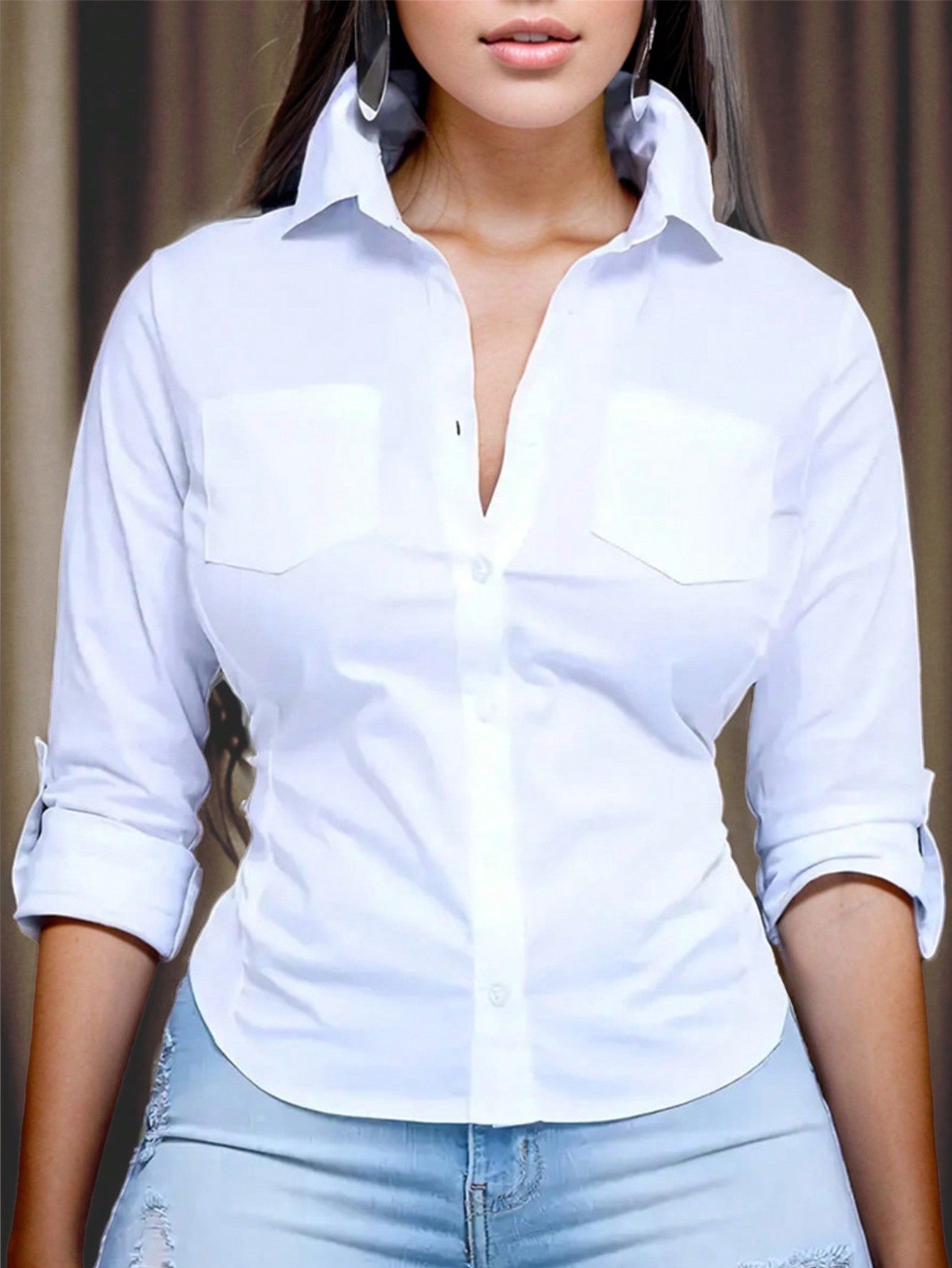 Relaxiva Women's Solid Color Rolled Sleeve Shirt,Long Sleeve Tops