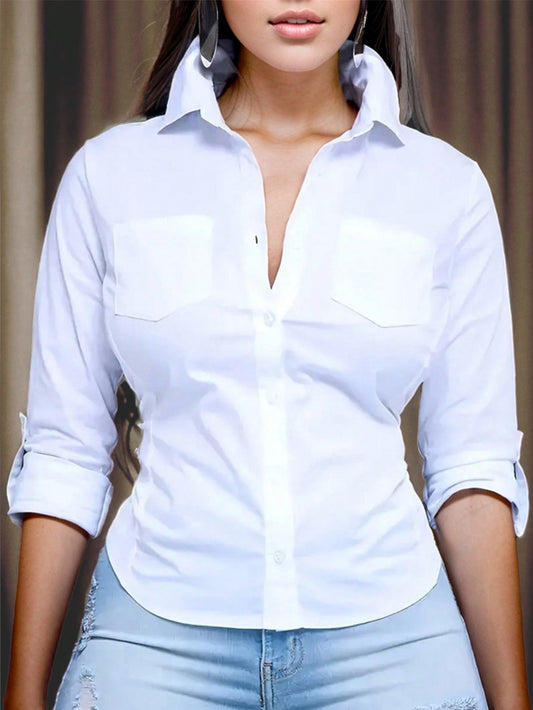 Relaxiva Women's Solid Color Rolled Sleeve Shirt,Long Sleeve Tops