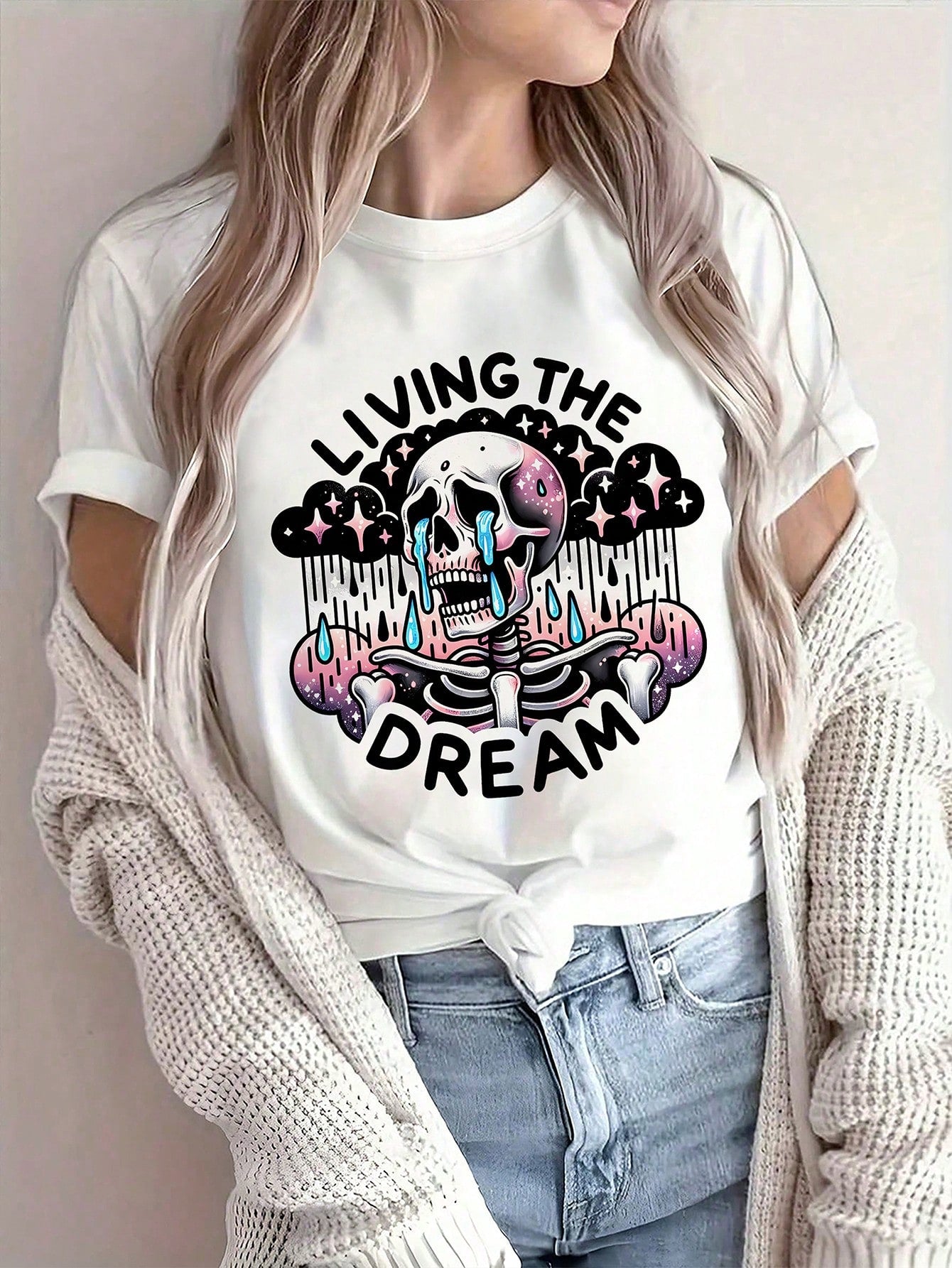 INAWLY Women's Casual Loose Fit Skull Print Round Neck Drop Shoulder Sleeve T-Shirt, Summer Tee, Halloween Clothes Graphic Tees Women Tops