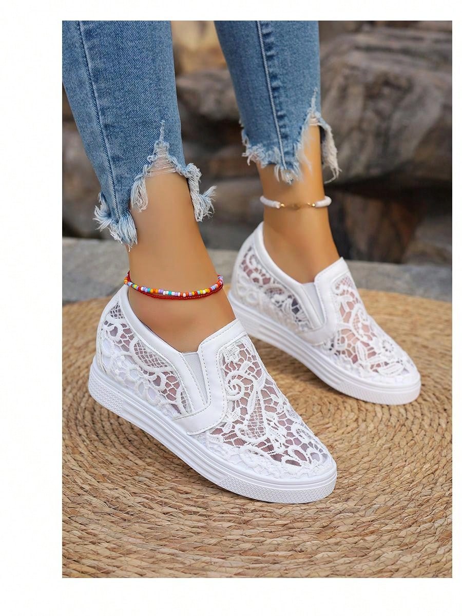 Ladies White Lace Breathable Elegant Fashionable All-Match Wedge Thick Sole Sneakers