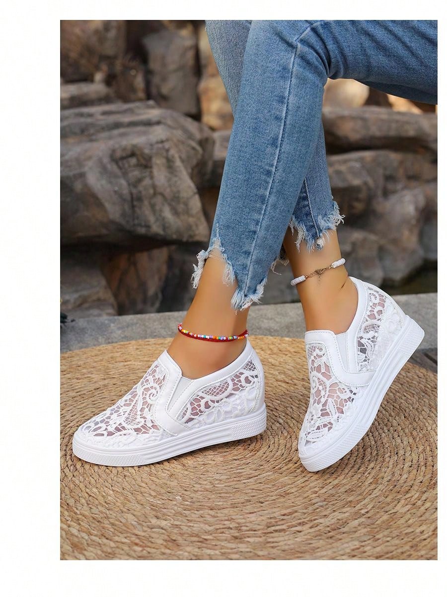 Ladies White Lace Breathable Elegant Fashionable All-Match Wedge Thick Sole Sneakers
