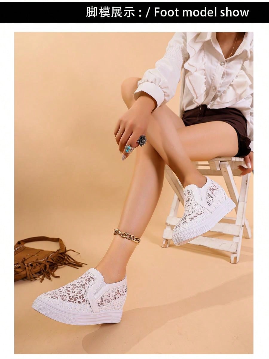 Ladies White Lace Breathable Elegant Fashionable All-Match Wedge Thick Sole Sneakers