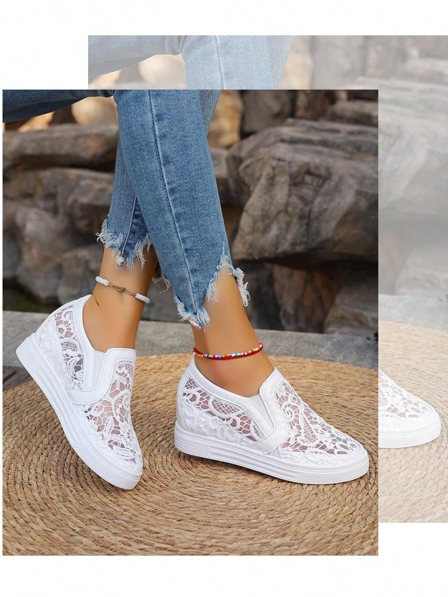 Ladies White Lace Breathable Elegant Fashionable All-Match Wedge Thick Sole Sneakers