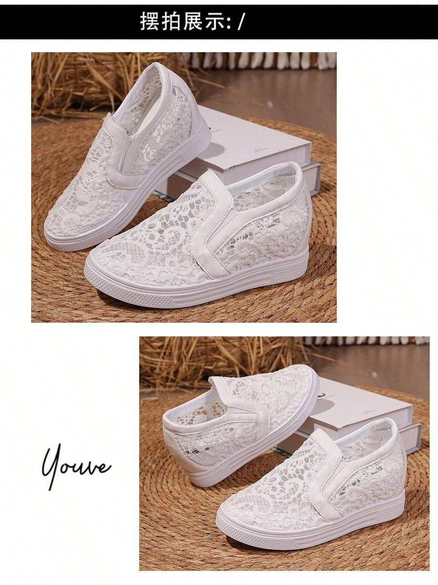 Ladies White Lace Breathable Elegant Fashionable All-Match Wedge Thick Sole Sneakers
