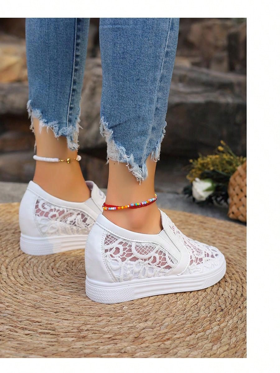 Ladies White Lace Breathable Elegant Fashionable All-Match Wedge Thick Sole Sneakers