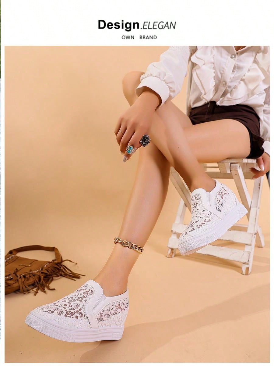 Ladies White Lace Breathable Elegant Fashionable All-Match Wedge Thick Sole Sneakers