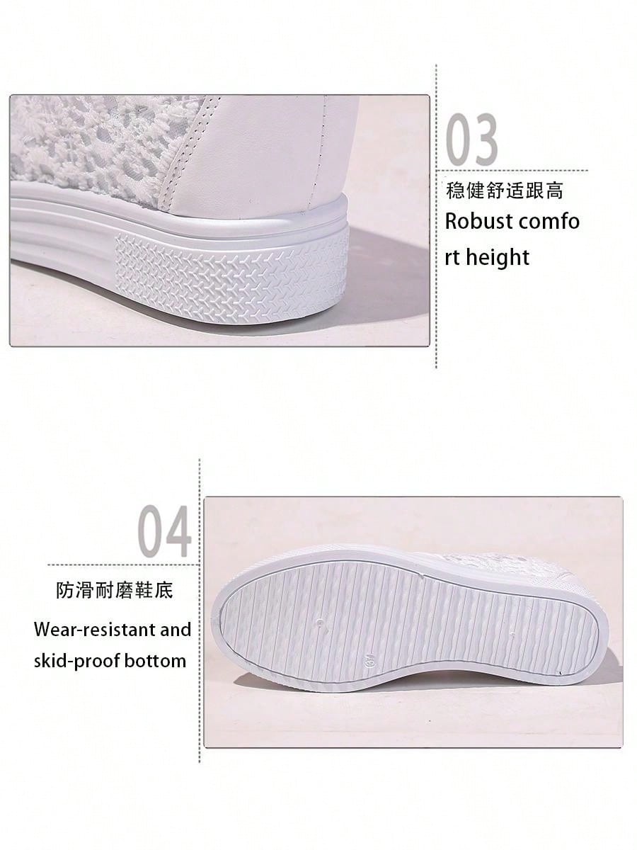 Ladies White Lace Breathable Elegant Fashionable All-Match Wedge Thick Sole Sneakers