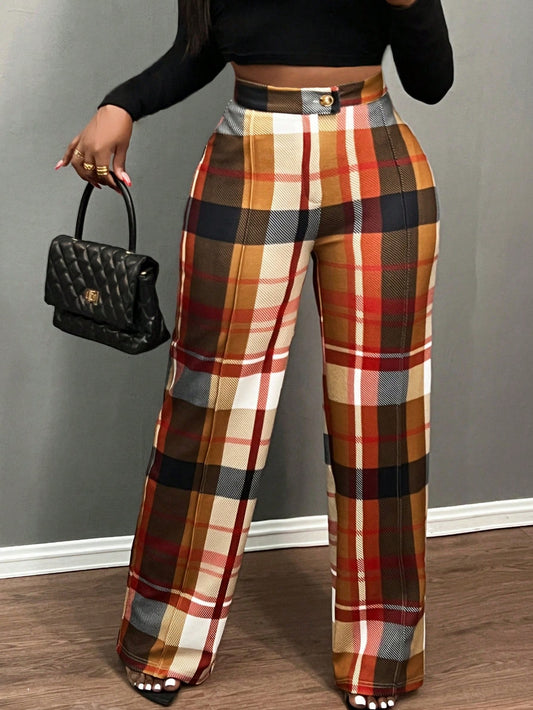Slayr Women's High Waist Plaid Straight Leg Loose Casual Office Pants