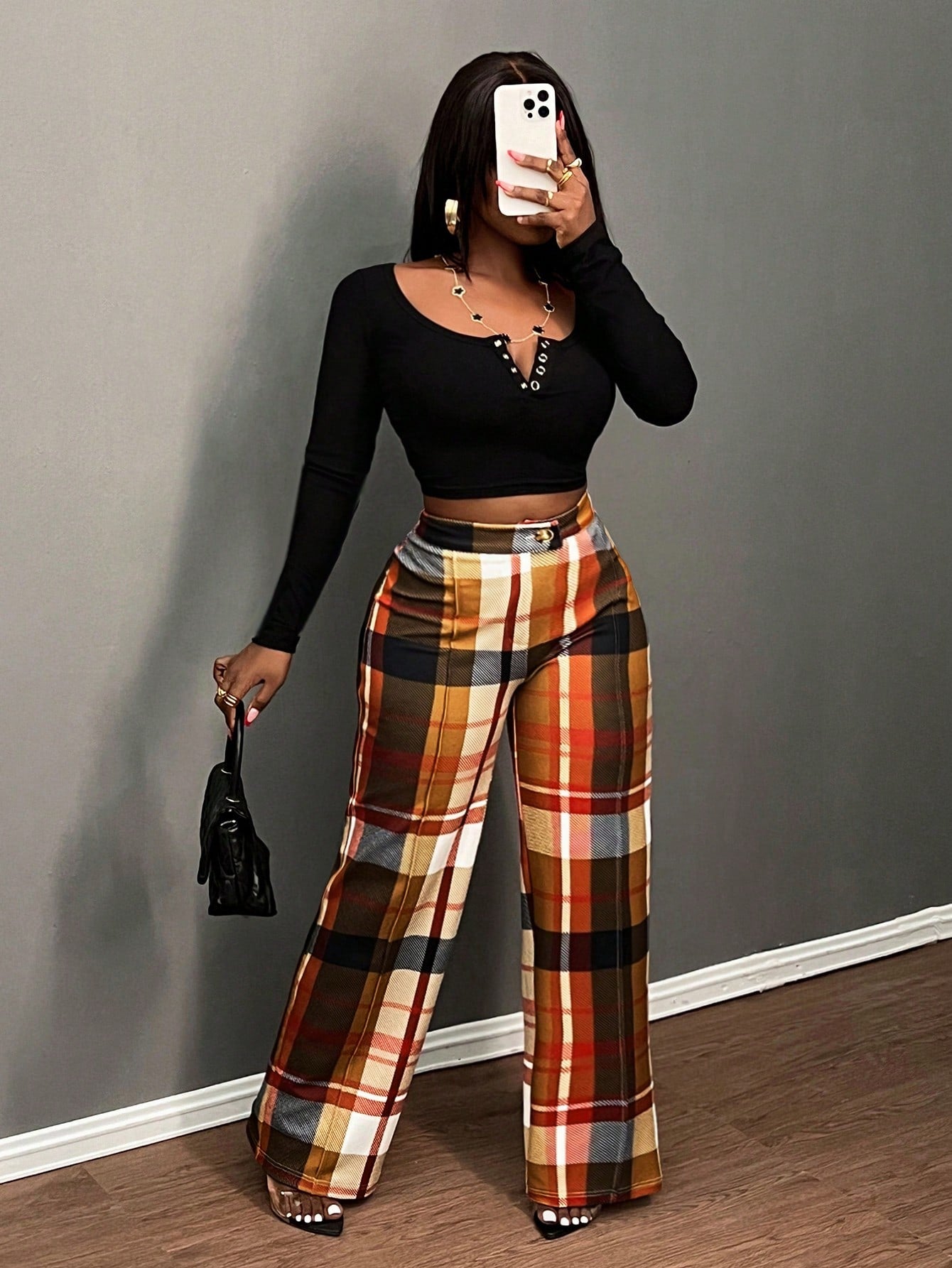 Slayr Women's High Waist Plaid Straight Leg Loose Casual Office Pants