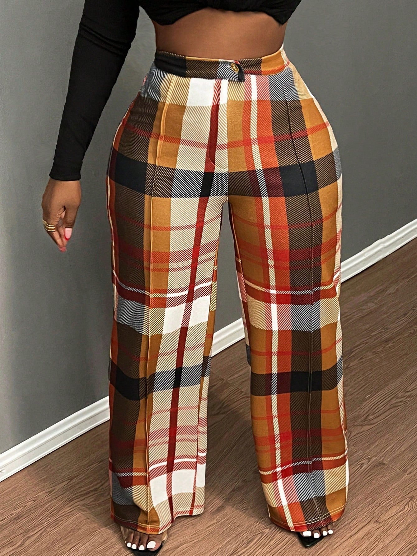 Slayr Women's High Waist Plaid Straight Leg Loose Casual Office Pants