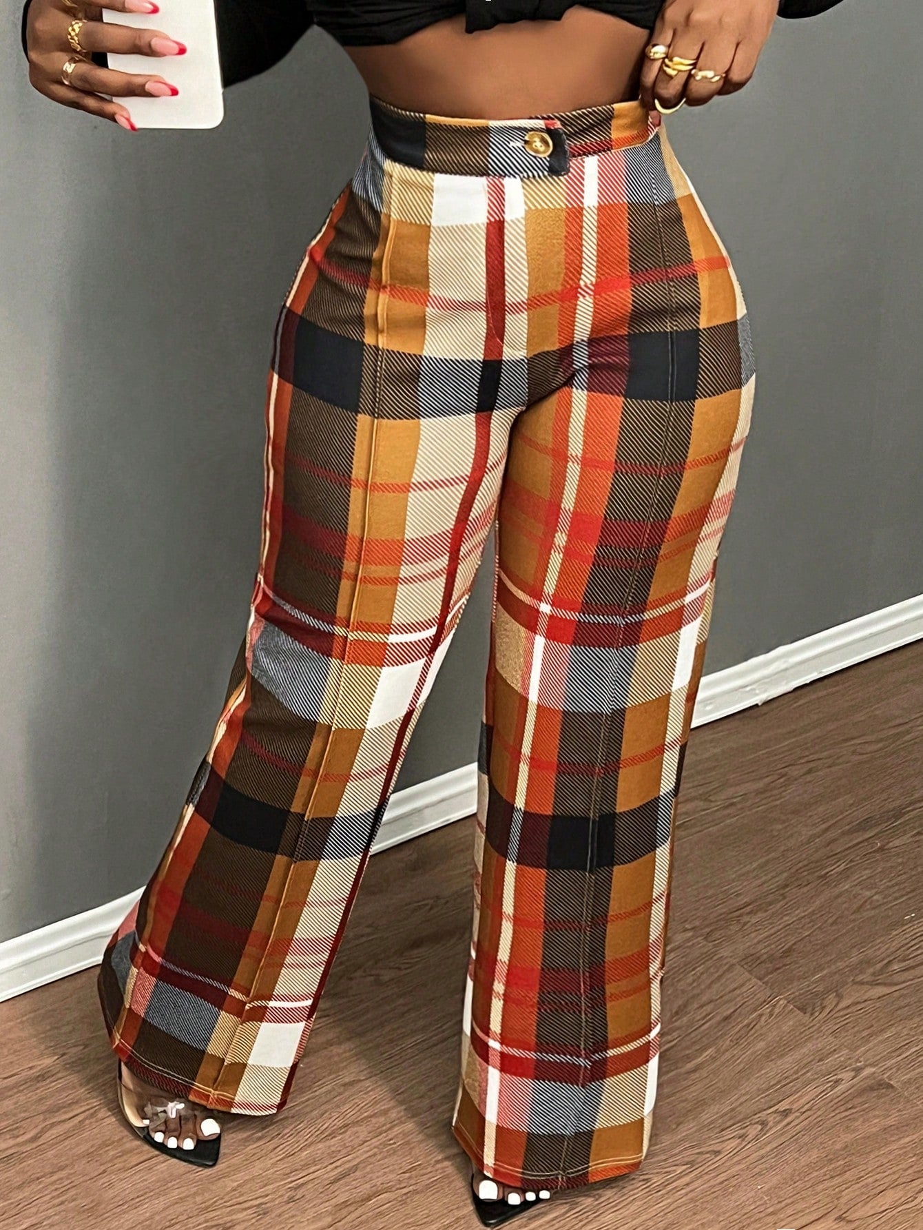 Slayr Women's High Waist Plaid Straight Leg Loose Casual Office Pants