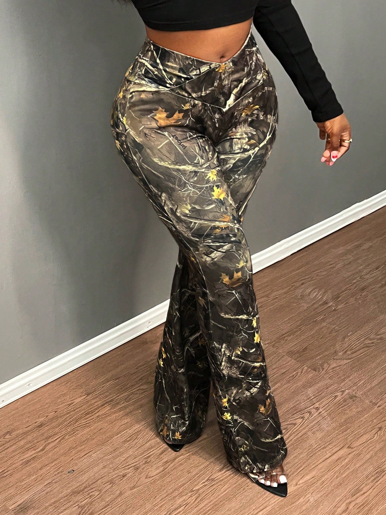 Slayr Fashion Branch Print Slim Fit Flare Pants