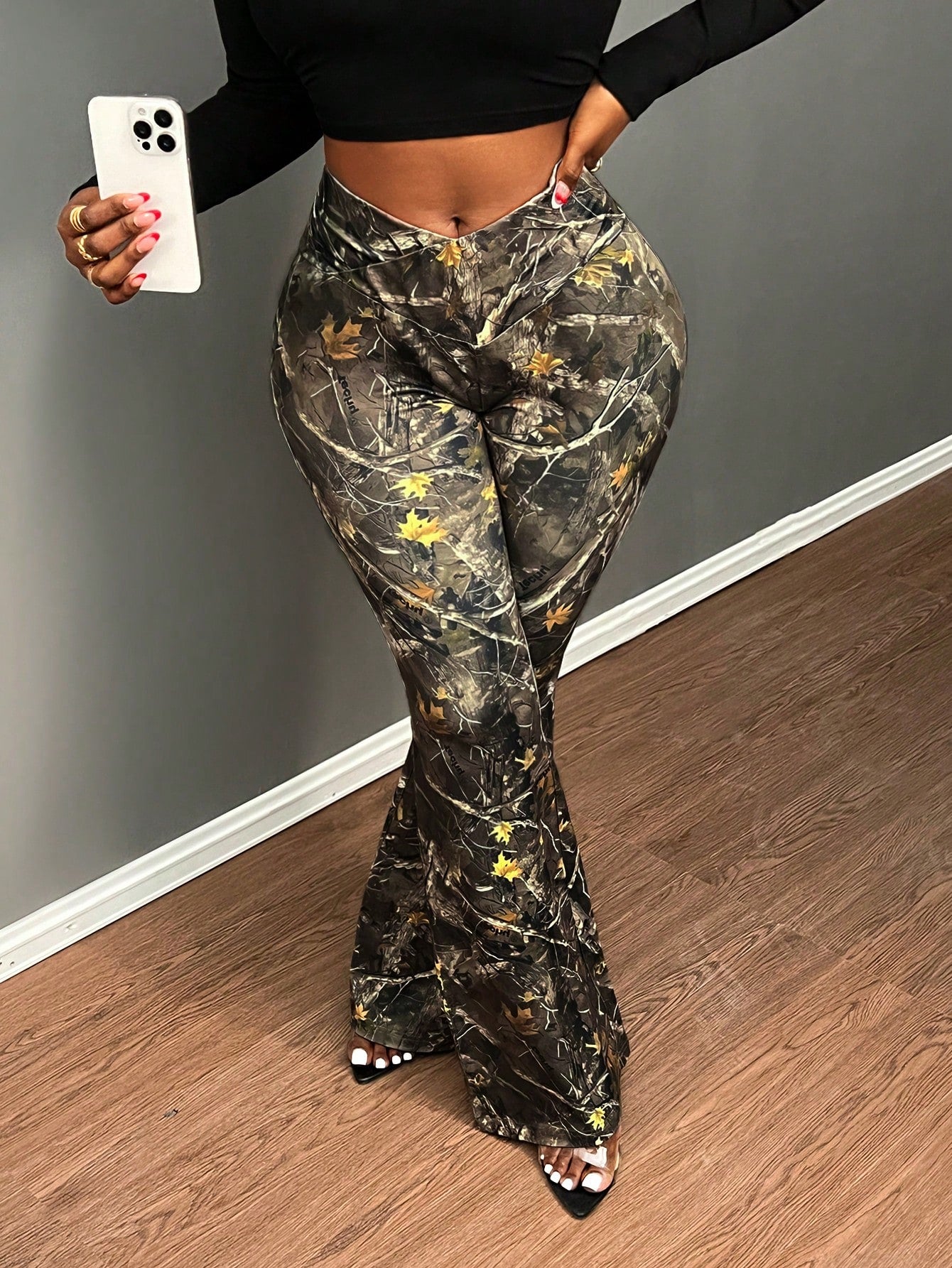 Slayr Fashion Branch Print Slim Fit Flare Pants