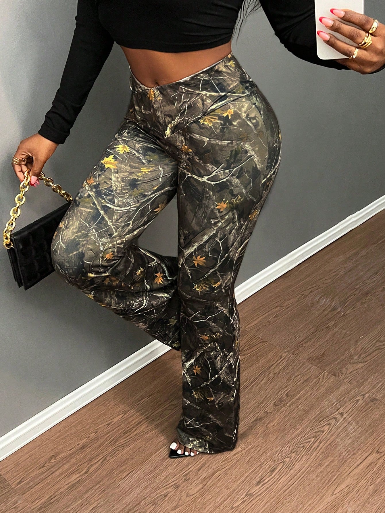 Slayr Fashion Branch Print Slim Fit Flare Pants