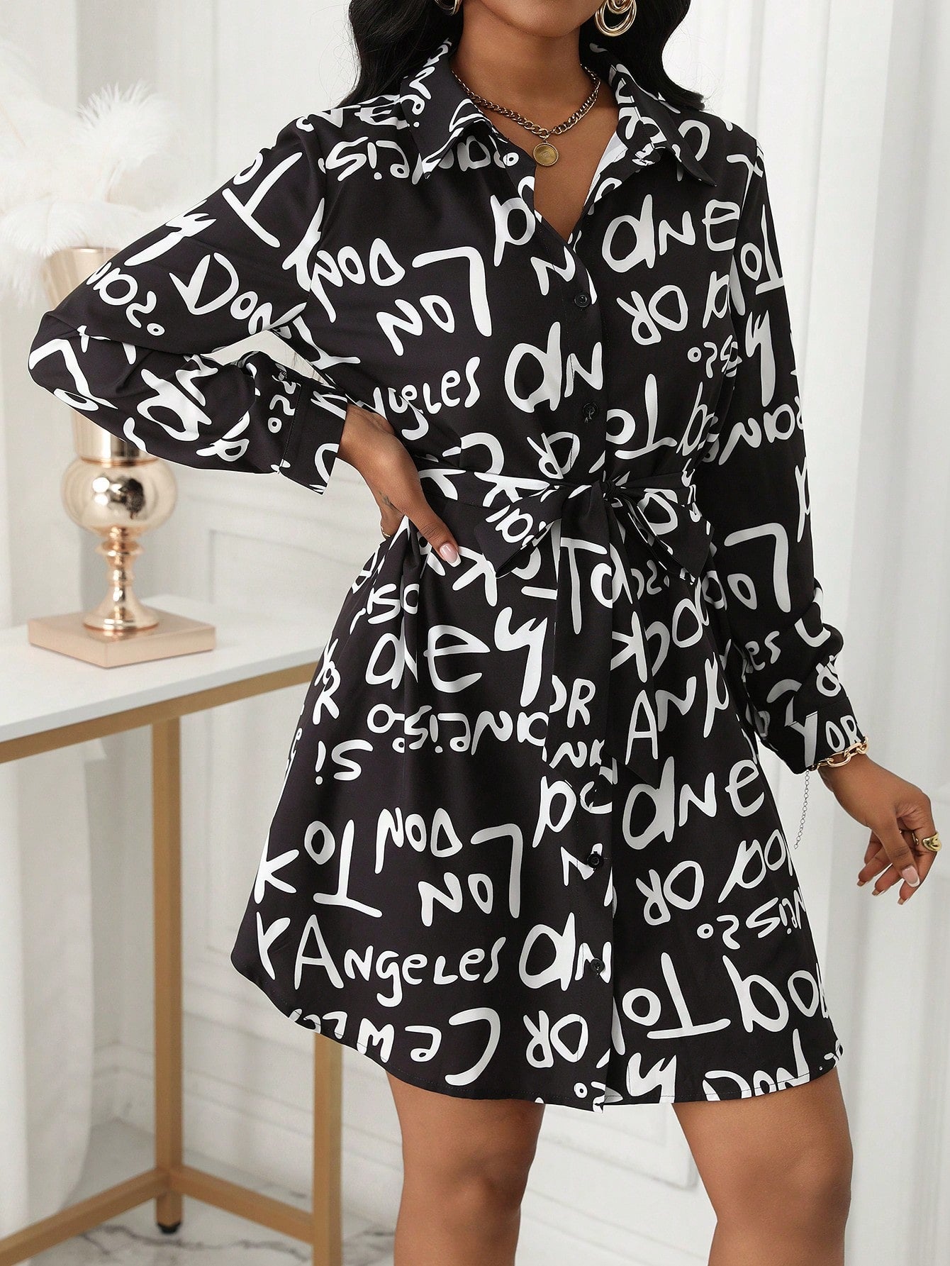 LUNE Shirt Collar Long Sleeve Printed Button Design Casual Women's Dress