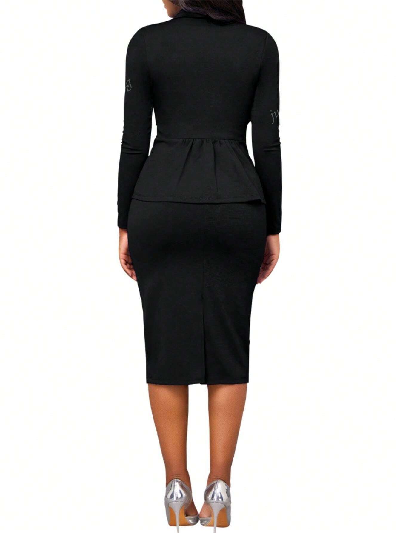 Women Solid Color Lapel Long Sleeve Fitted Blazer & High Waist Bodycon Pencil Skirt Elegant Work Suit Set